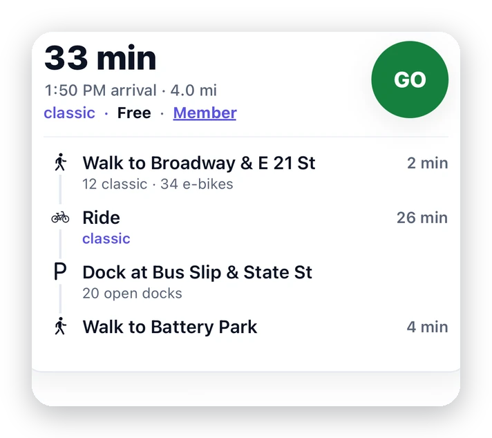 Pedl classic-bike plan to Battery Park: 33 minutes, free with pass