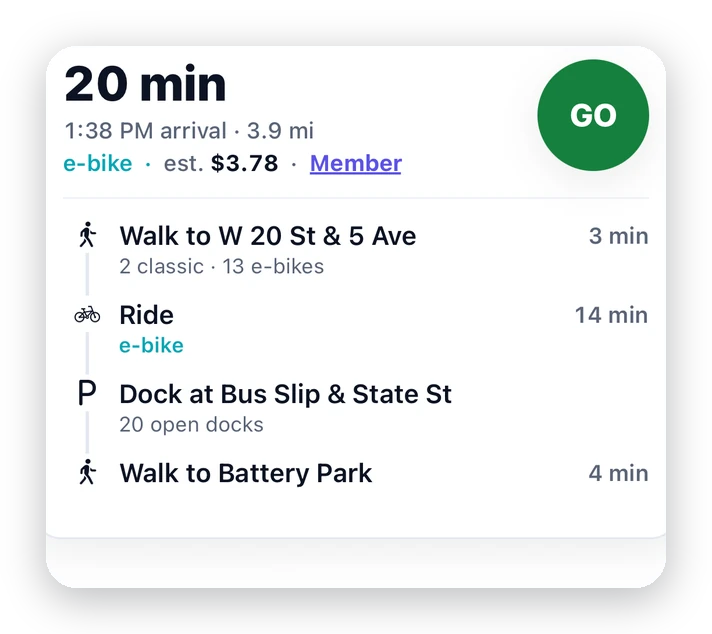 Pedl e-bike plan to Battery Park: 20 minutes, about $3.78