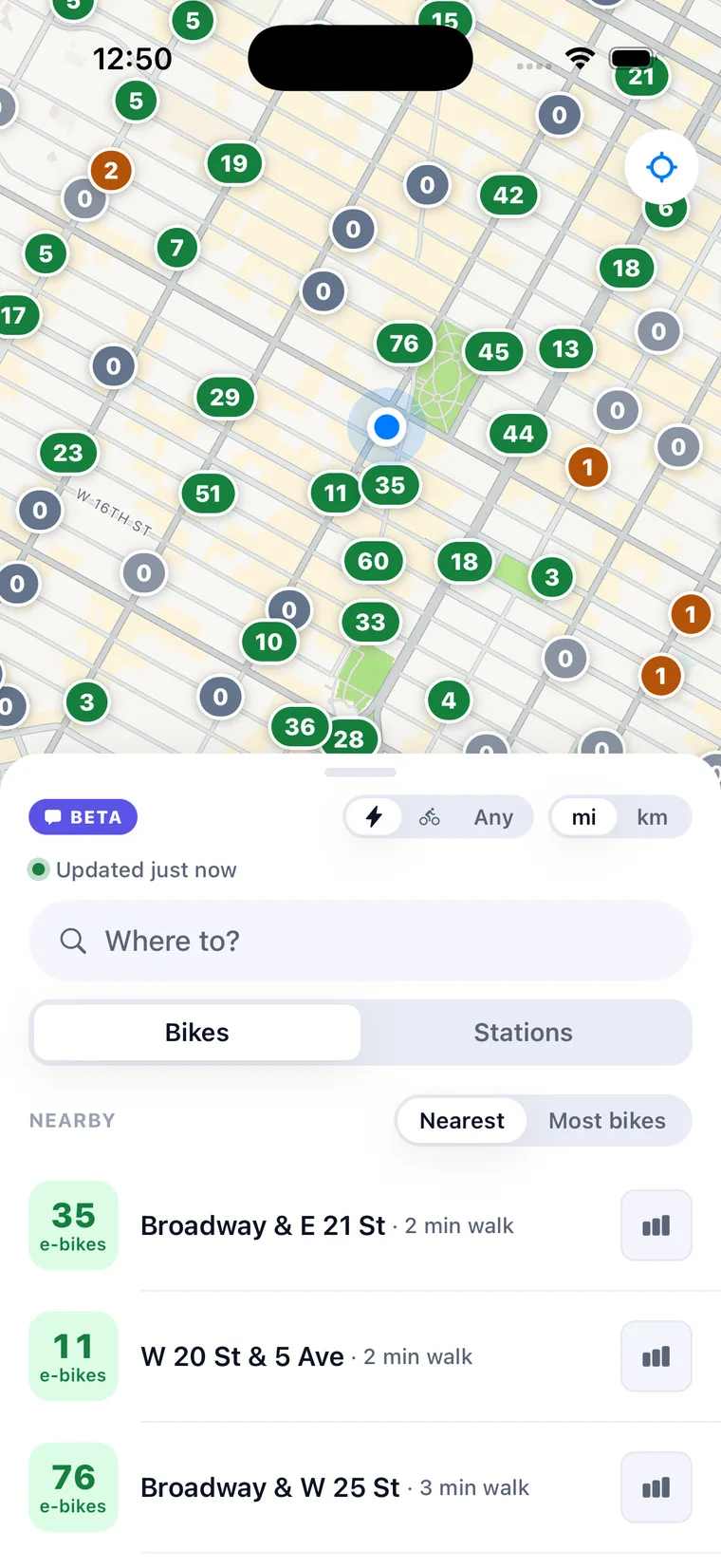 Pedl showing live bike and dock availability across Manhattan